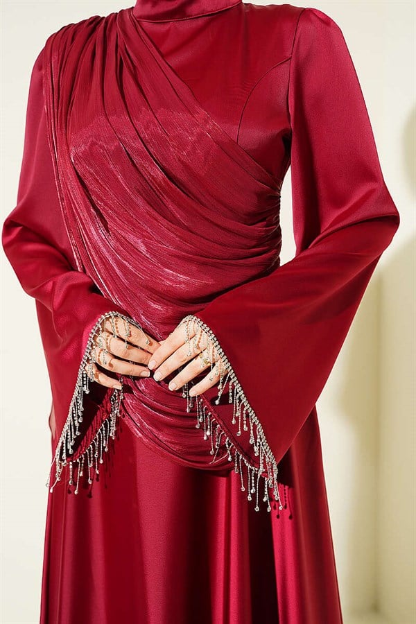 Burgundy Evening Dress with Shoulder Cape and Wrist Embellished Stones