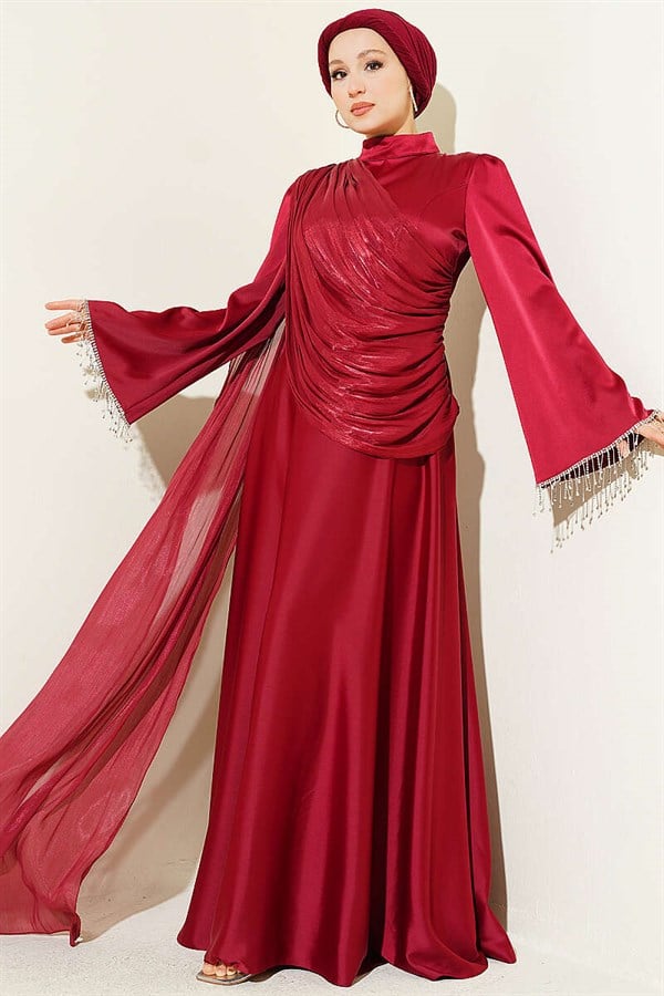 Burgundy Evening Dress with Shoulder Cape and Wrist Embellished Stones