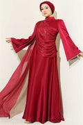 Burgundy Evening Dress with Shoulder Cape and Wrist Embellished Stones