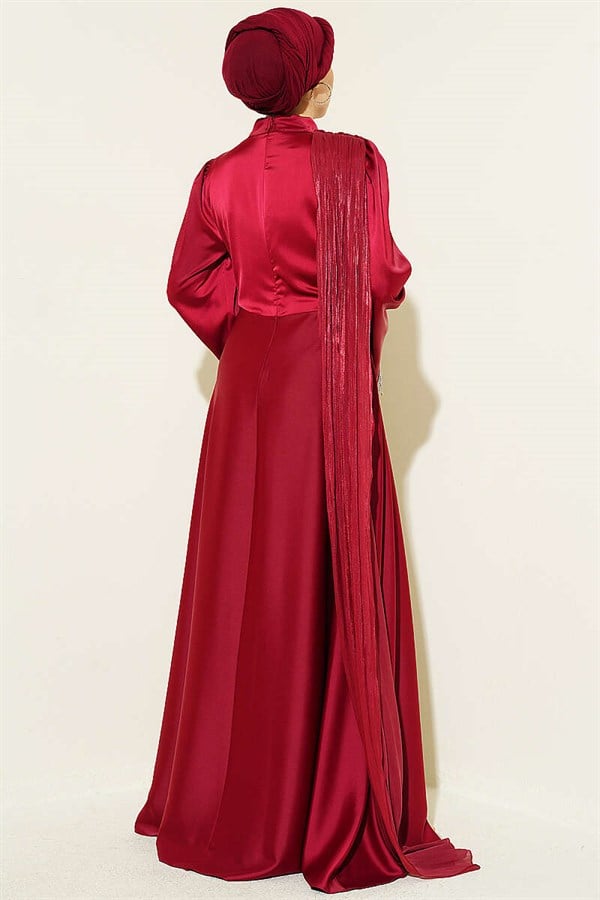 Burgundy Evening Dress with Shoulder Cape and Wrist Embellished Stones