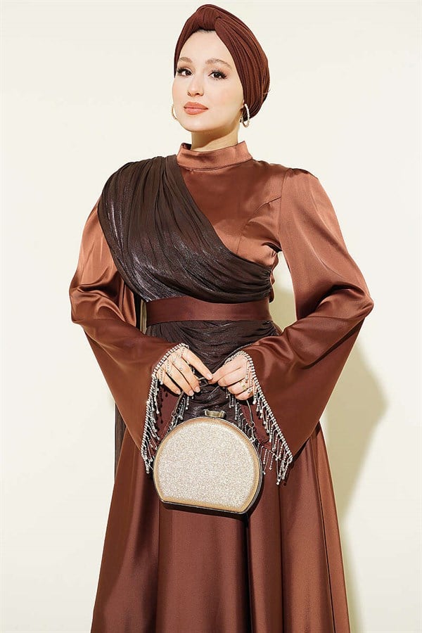 Shoulder Cape Embellished Wrist Dress in Brown