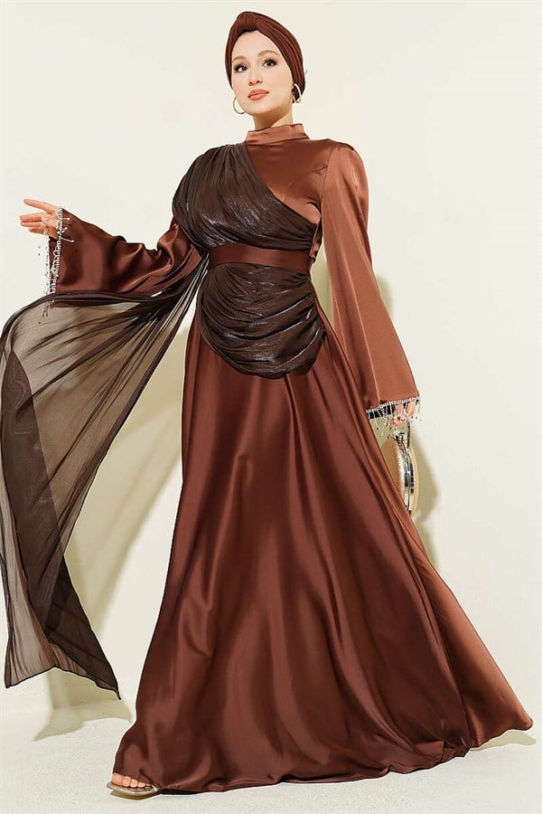 Shoulder Cape Embellished Wrist Dress in Brown