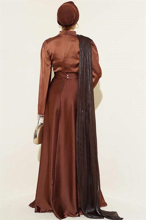 Shoulder Cape Embellished Wrist Dress in Brown