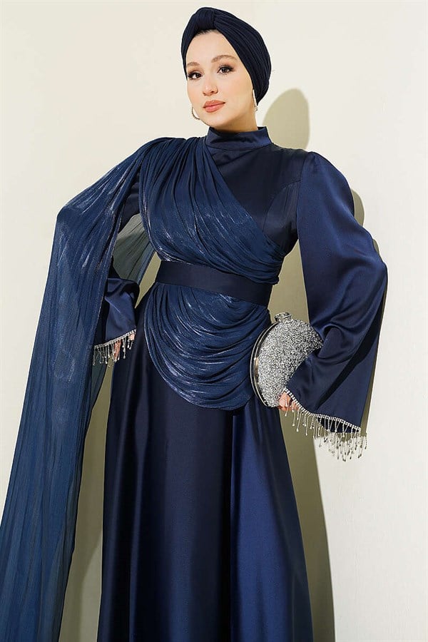 Navy Blue Evening Dress with Shoulder Cape and Wrist Embellished Stones