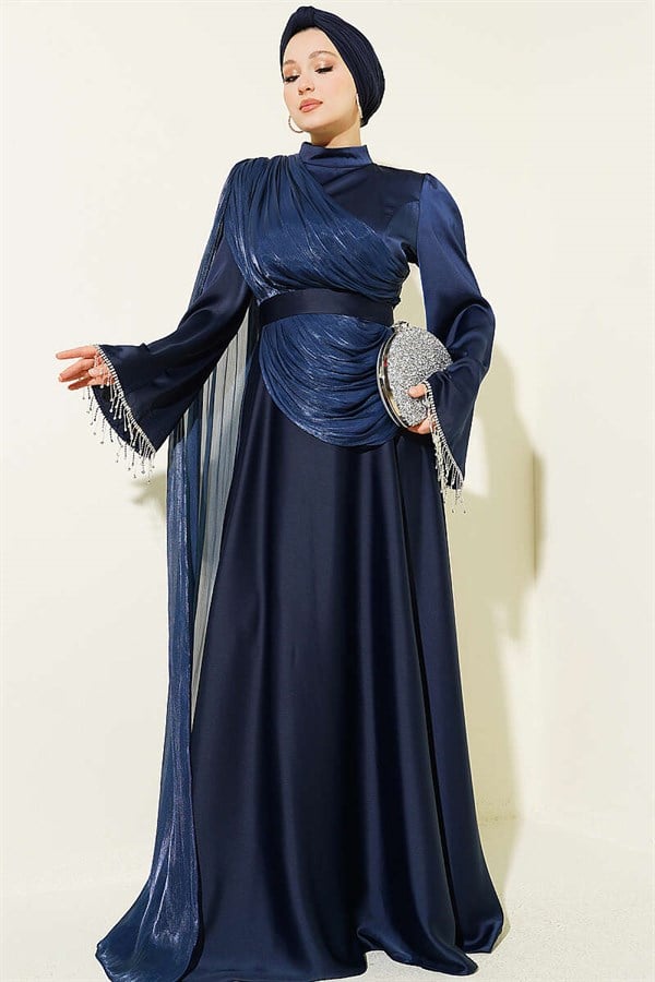 Navy Blue Evening Dress with Shoulder Cape and Wrist Embellished Stones