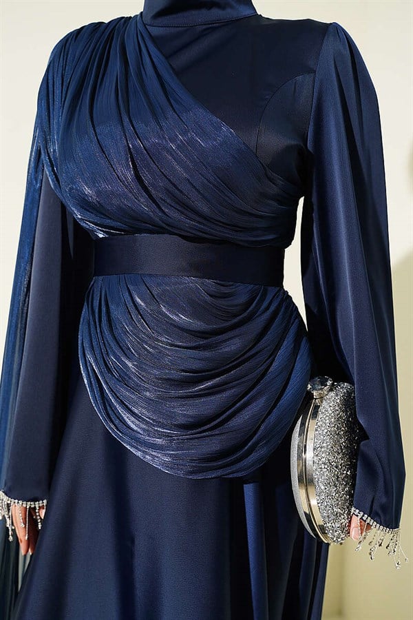 Navy Blue Evening Dress with Shoulder Cape and Wrist Embellished Stones