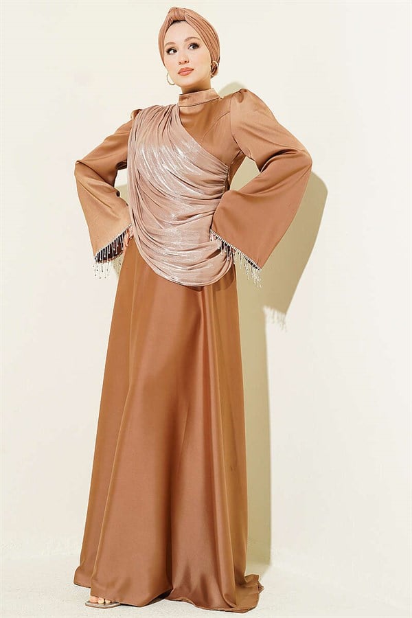 Shoulder Cape Embellished Wrist Latte Evening Dress