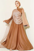 Shoulder Cape Embellished Wrist Latte Evening Dress