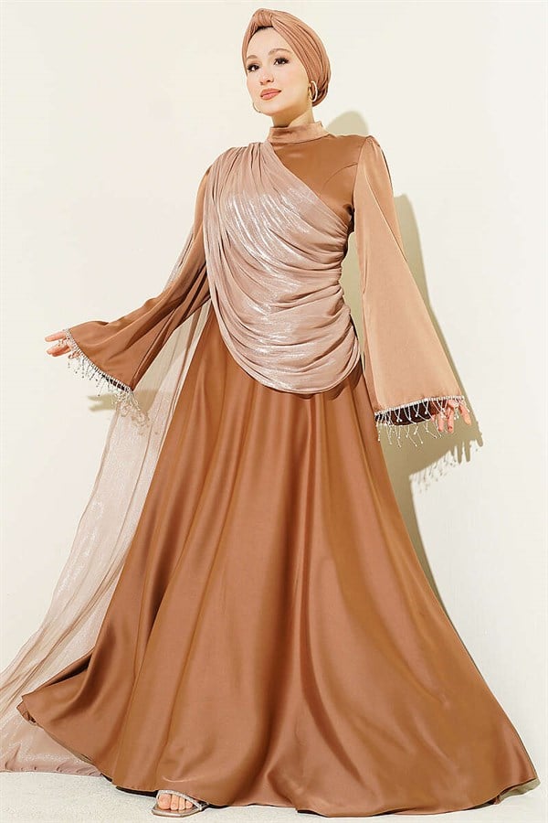 Shoulder Cape Embellished Wrist Latte Evening Dress