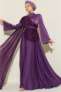 Violet Evening Dress with Shoulder Cape and Wrist Embellished Stones