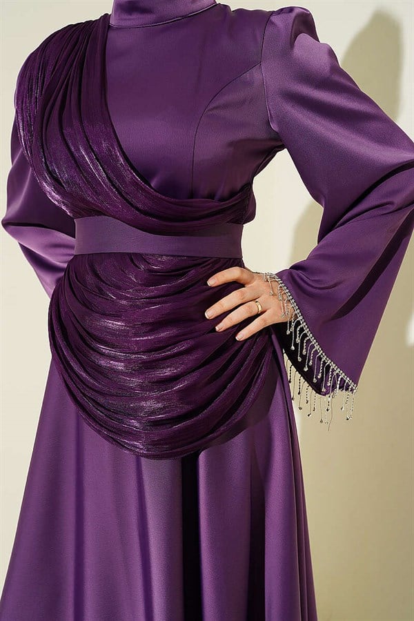 Violet Evening Dress with Shoulder Cape and Wrist Embellished Stones