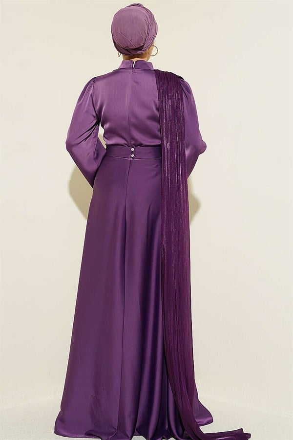 Violet Evening Dress with Shoulder Cape and Wrist Embellished Stones
