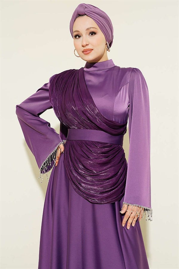 Violet Evening Dress with Shoulder Cape and Wrist Embellished Stones