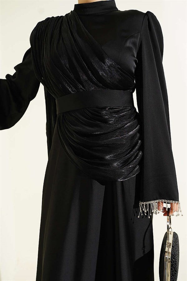 Black Evening Dress with Shoulder Cape and Wrist Embellished with Stones
