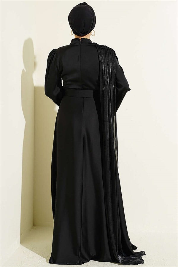 Black Evening Dress with Shoulder Cape and Wrist Embellished with Stones