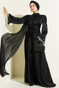 Black Evening Dress with Shoulder Cape and Wrist Embellished with Stones