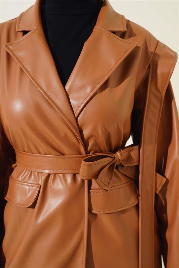 Leather Jacket with Shoulder Cape Tan