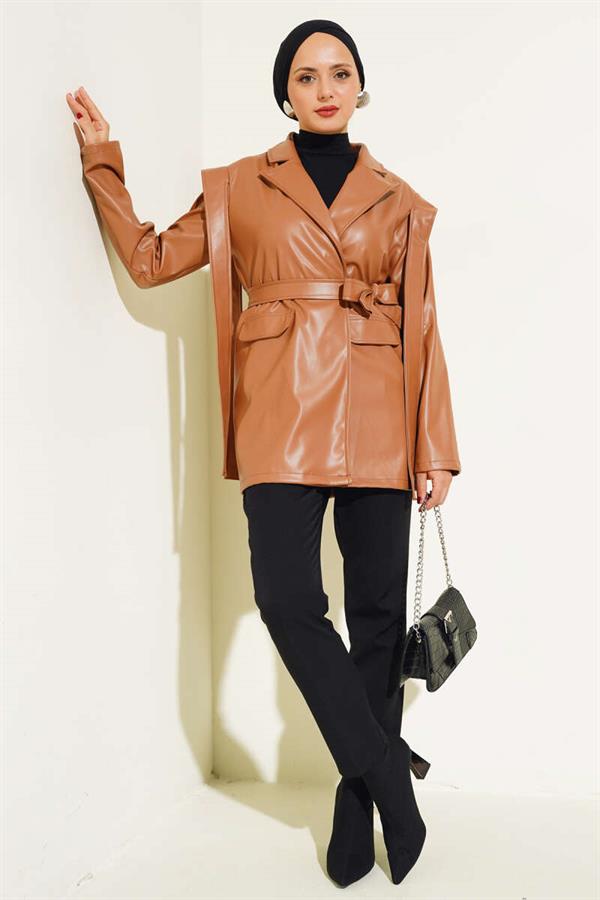 Leather Jacket with Shoulder Cape Tan