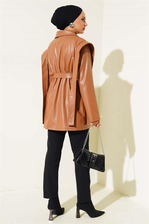 Leather Jacket with Shoulder Cape Tan