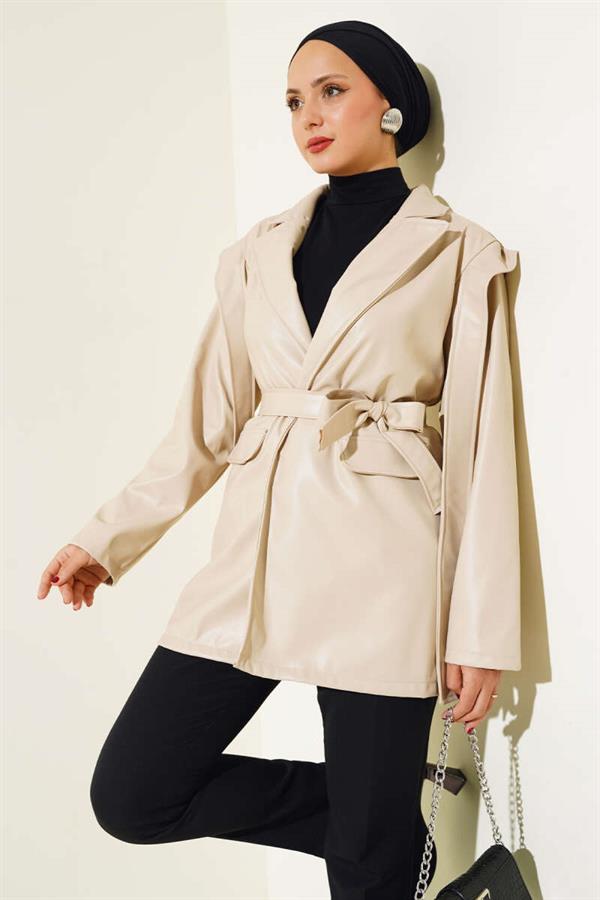 Leather Jacket with Shoulder Cape Stone