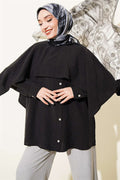 Shoulder Cape Tunic with Button Detail, Black