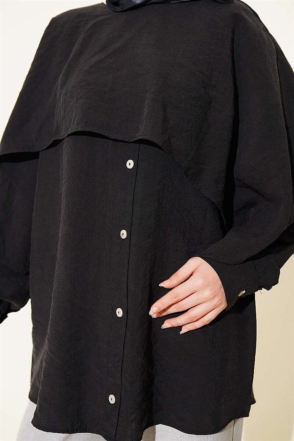 Shoulder Cape Tunic with Button Detail, Black