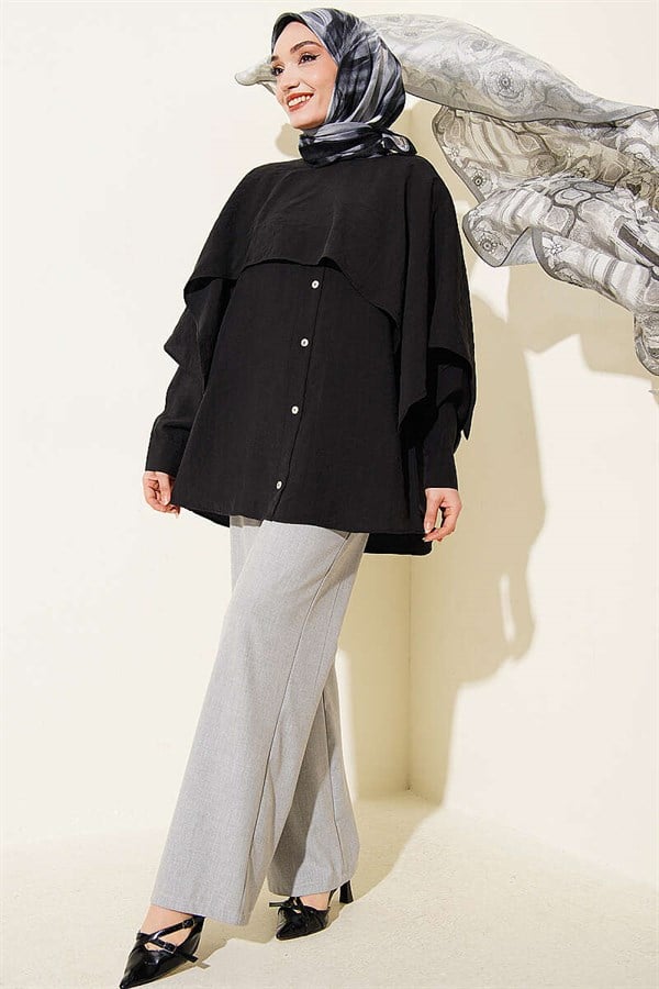 Shoulder Cape Tunic with Button Detail, Black