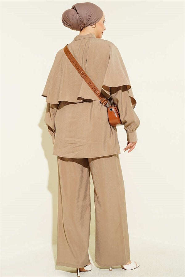 2 Piece Set with Shoulder Cape and Gold Buttons, Mink Color