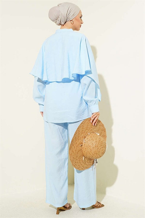 2 Piece Set with Shoulder Cape and Gold Buttons, Blue