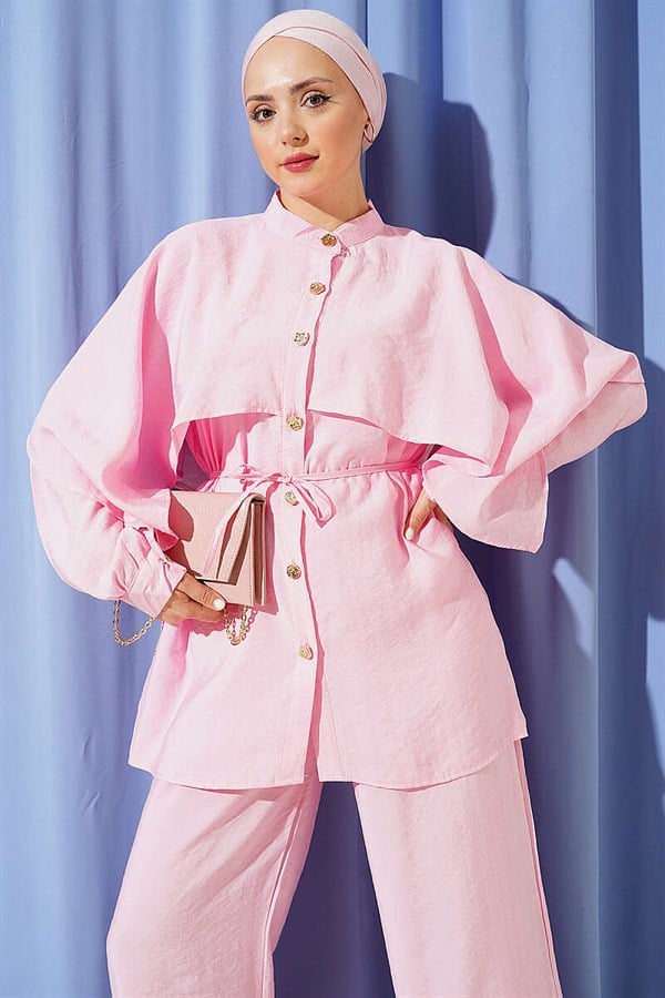 2 Piece Set with Shoulder Cape and Gold Buttons, Pink