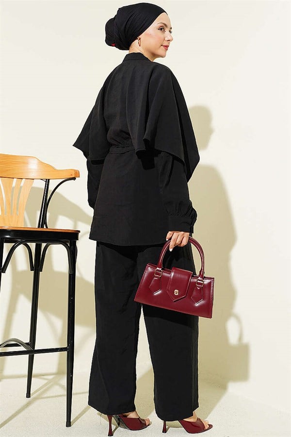 2 Piece Set with Shoulder Cape and Gold Buttons, Black