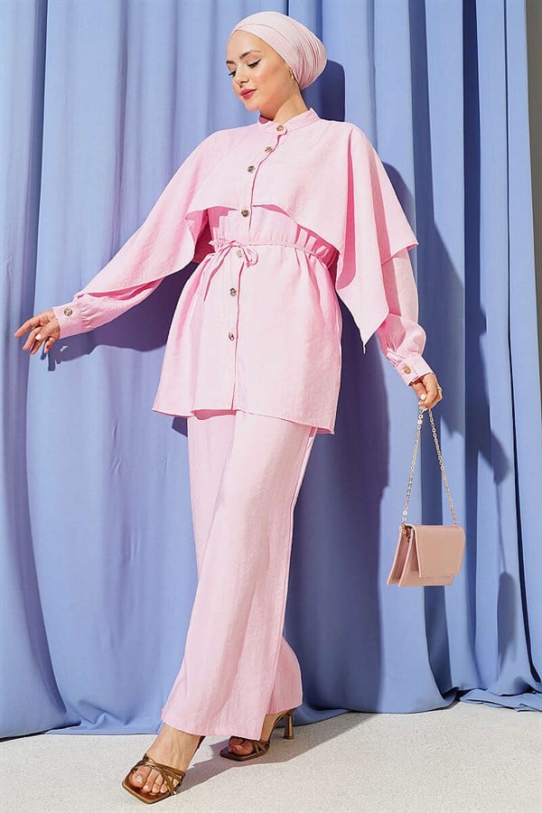 2 Piece Set with Shoulder Cape and Gold Buttons, Pink