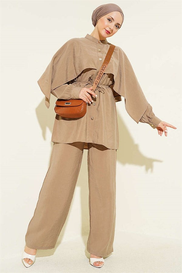 2 Piece Set with Shoulder Cape and Gold Buttons, Mink Color