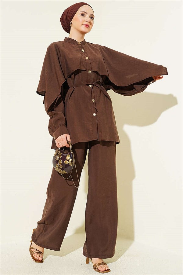 2 Piece Set with Shoulder Cape and Gold Buttons, Coffee