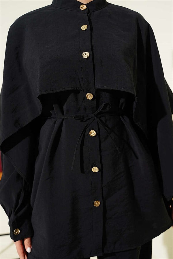 2 Piece Set with Shoulder Cape and Gold Buttons, Black