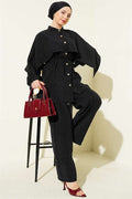 2 Piece Set with Shoulder Cape and Gold Buttons, Black