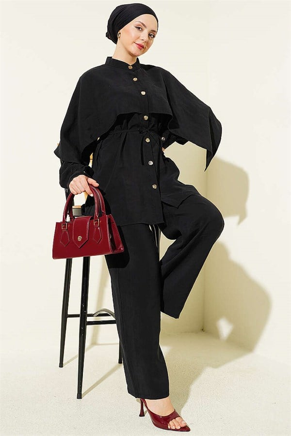2 Piece Set with Shoulder Cape and Gold Buttons, Black