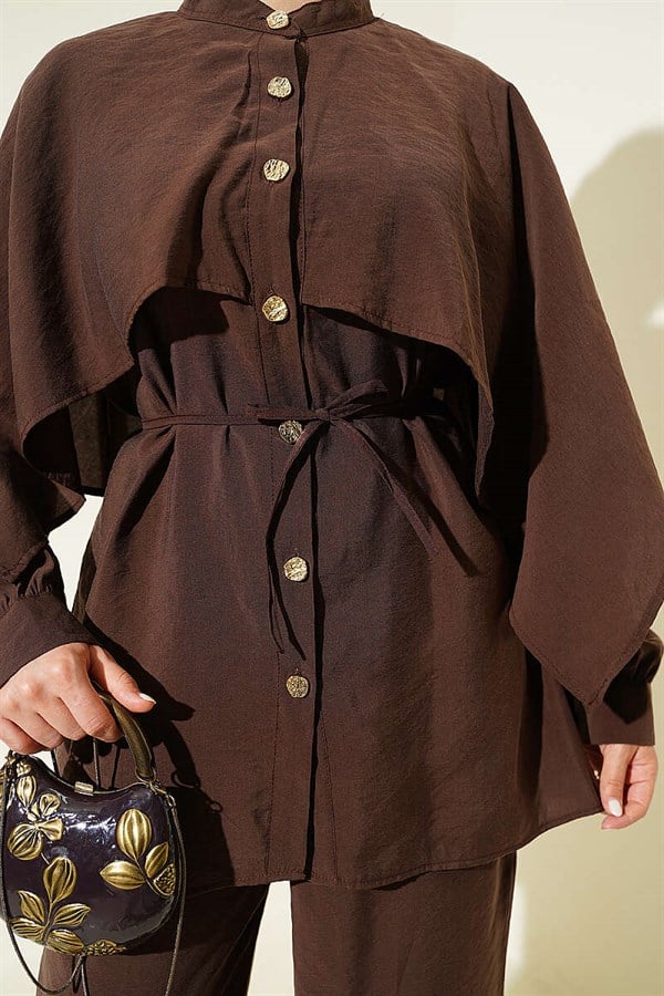 2 Piece Set with Shoulder Cape and Gold Buttons, Coffee