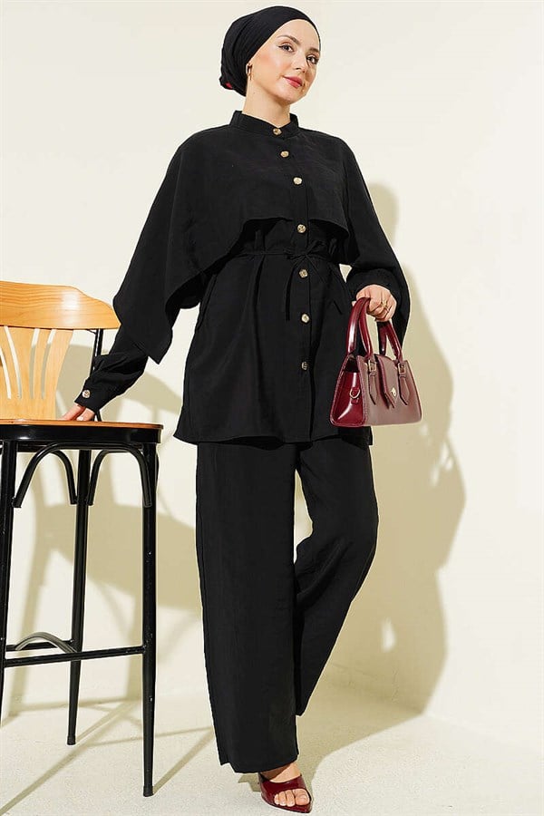 2 Piece Set with Shoulder Cape and Gold Buttons, Black