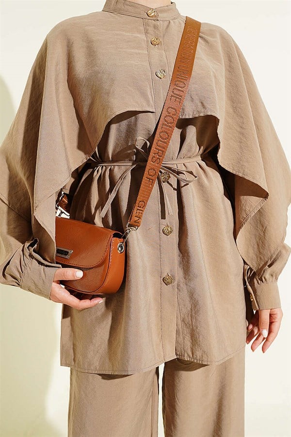 2 Piece Set with Shoulder Cape and Gold Buttons, Mink Color