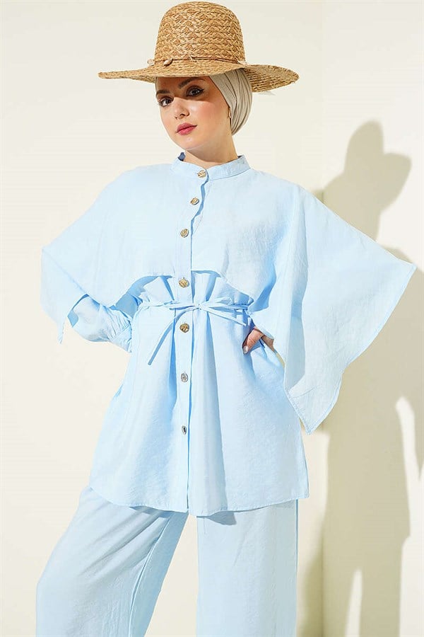 2 Piece Set with Shoulder Cape and Gold Buttons, Blue
