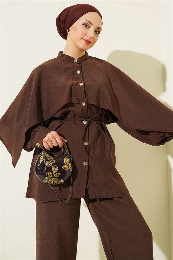 2 Piece Set with Shoulder Cape and Gold Buttons, Coffee