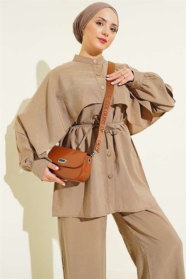 2 Piece Set with Shoulder Cape and Gold Buttons, Mink Color