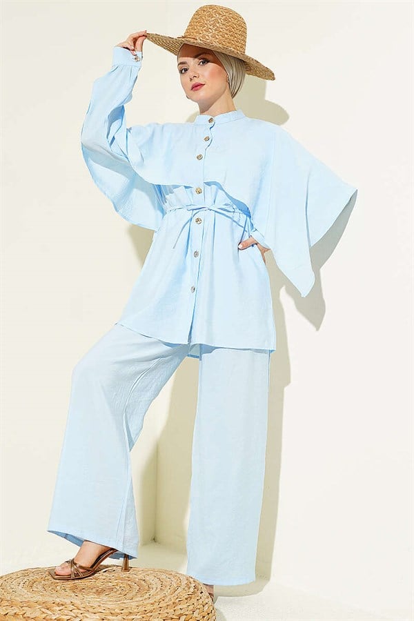 2 Piece Set with Shoulder Cape and Gold Buttons, Blue