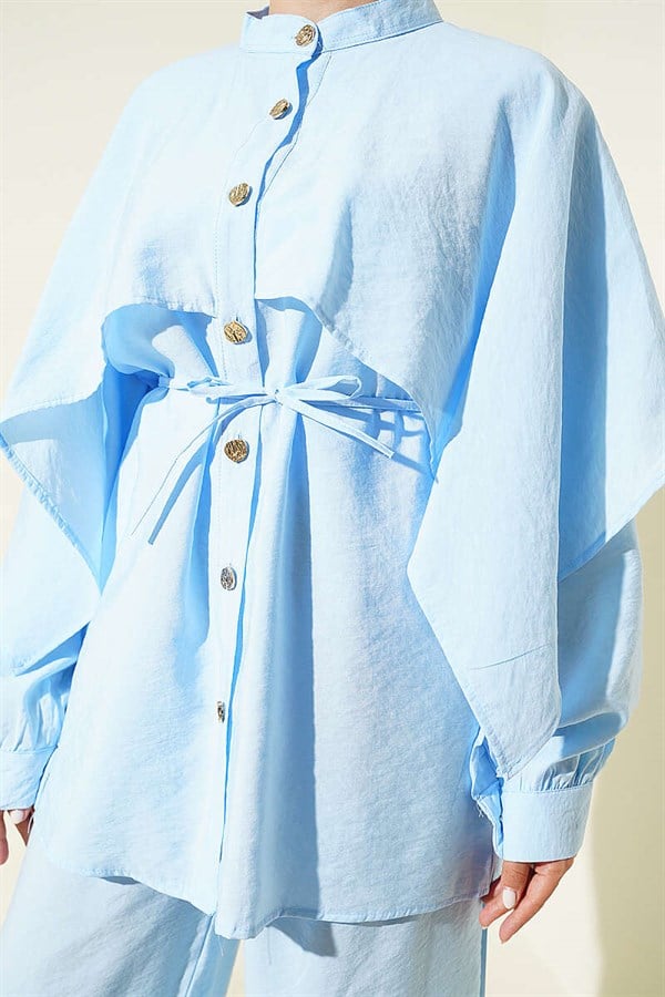 2 Piece Set with Shoulder Cape and Gold Buttons, Blue