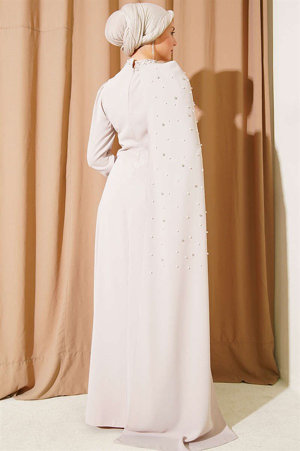Beige Pearl Embellished Off-Shoulder Cape Evening Dress