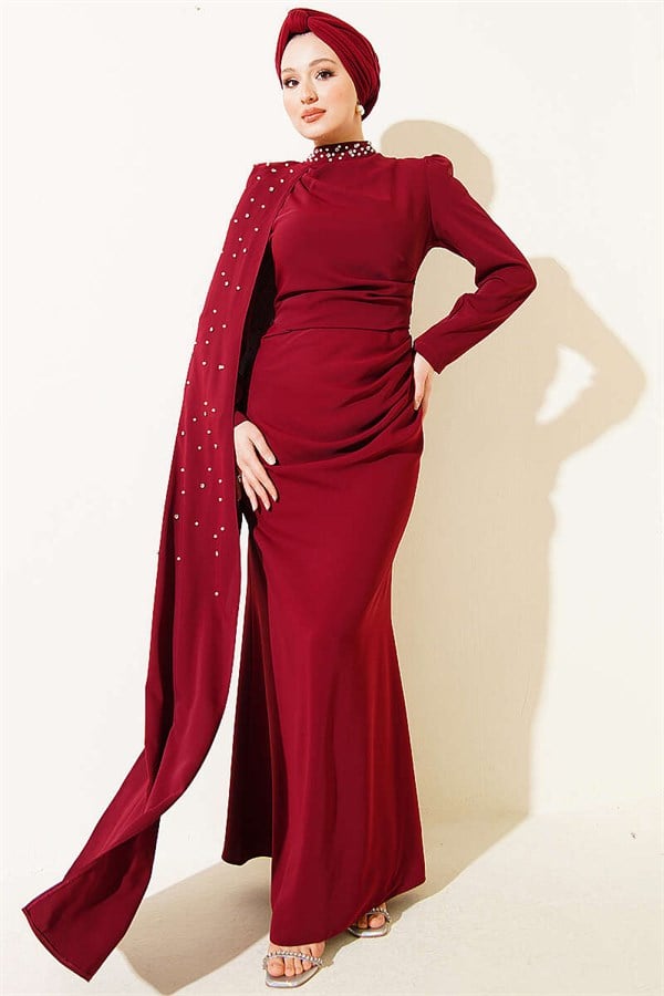 Burgundy Pearl Embellished Evening Dress with Off-Shoulder Cape