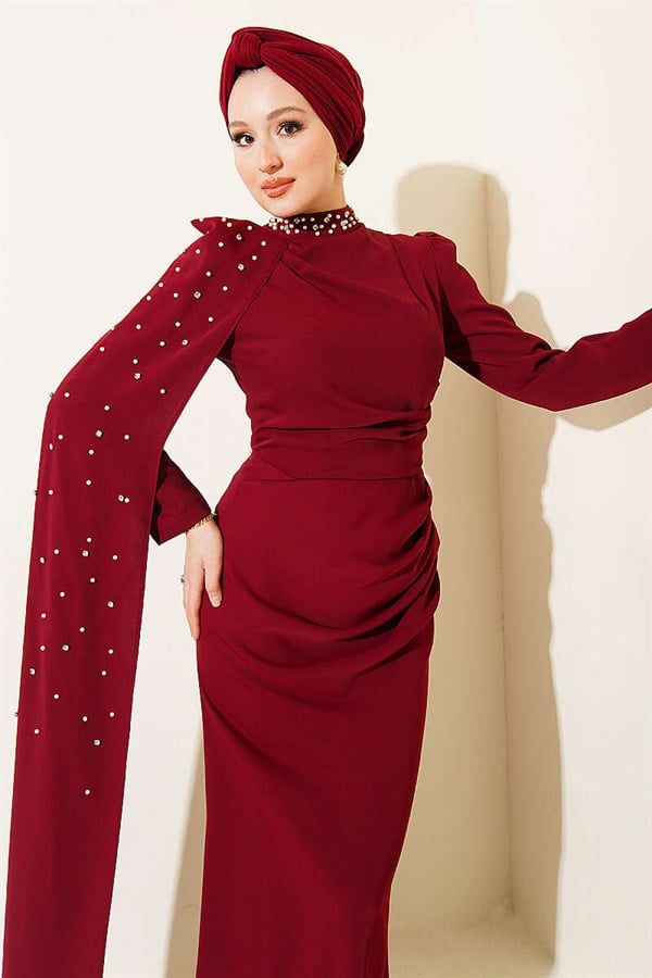 Burgundy Pearl Embellished Evening Dress with Off-Shoulder Cape