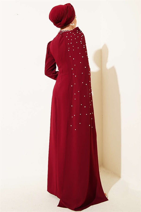 Burgundy Pearl Embellished Evening Dress with Off-Shoulder Cape