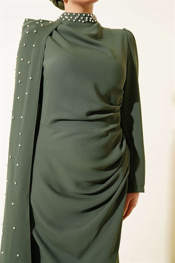 Off-Shoulder Cape Pearl Embellished Evening Dress Khaki